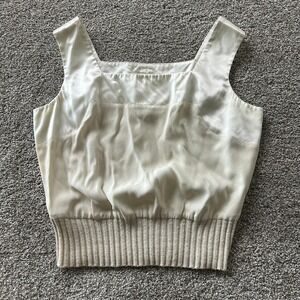 Vintage Caché Tank Top Women Medium White Satin Camisole Ribbed Knit Hem Cropped